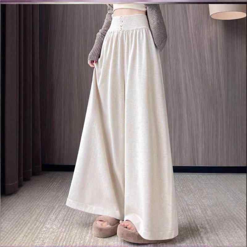 ニット ワイドレッグパンツ レディース 春秋 高見え リラックス ゆったり ロング丈 米白色