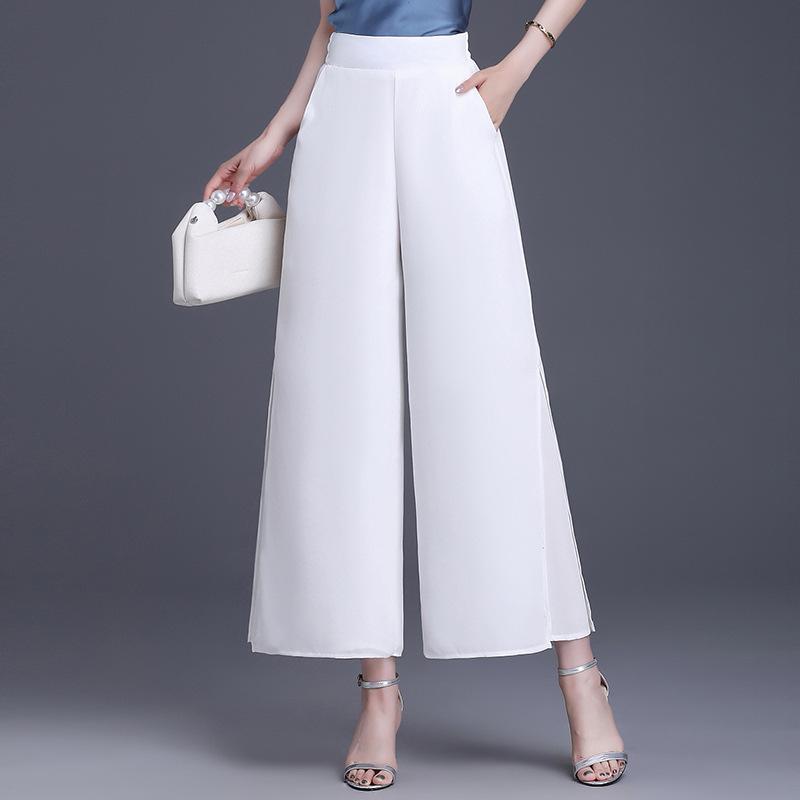 ワイドパンツ レディース 高腰 ポリエステル 涼しい 接触冷感 ゆったり ストレートパンツ スリット入り 春夏 カジュアル 通勤 ブラック ホワイト