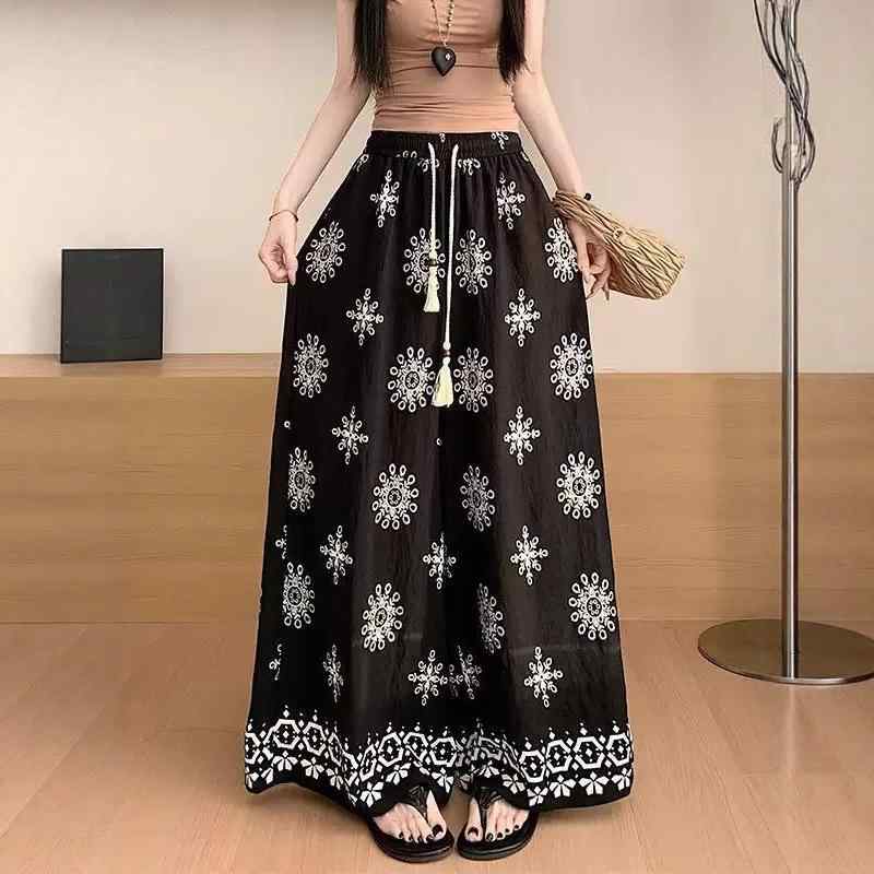 パンツ レディース ワイドパンツ スカーチョ 春夏 高身長 ゆったり ストレート 総柄 ポリエステル ブラック 黒 杏色 Lサイズ XLサイズ 2XLサイズ 3XLサイズ 4XLサイズ