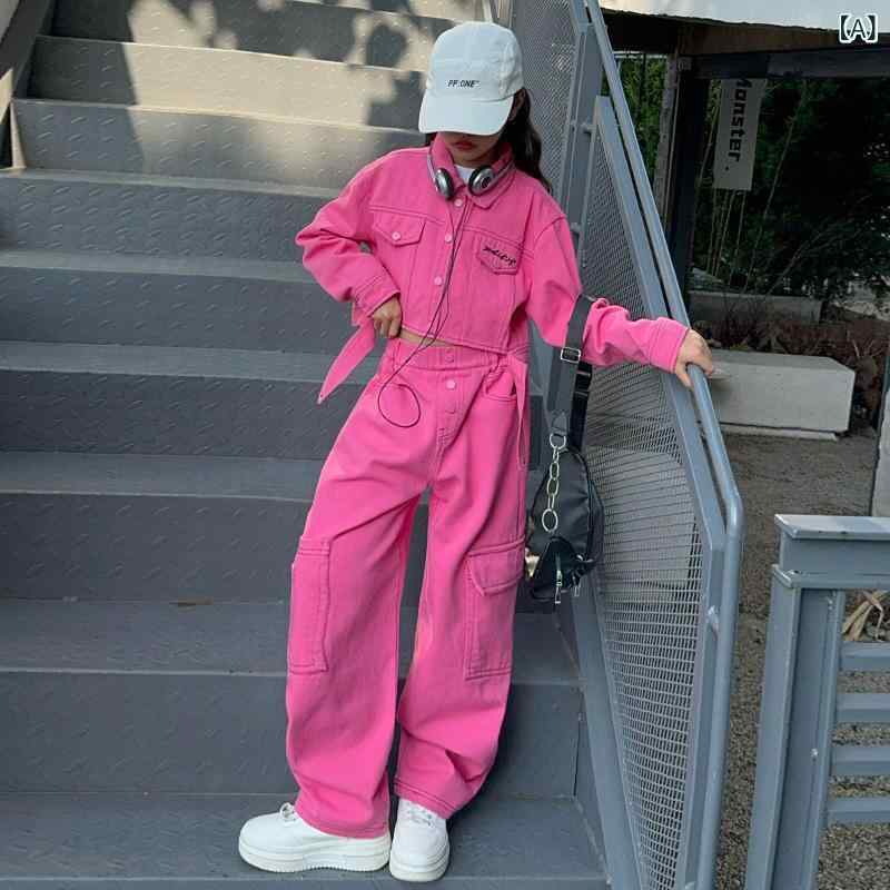 女の子 工装パンツ セットアップ 秋 春 長袖 トップス ワイドパンツ 綿 素材 柔らかい 普通厚 無地 開襟 シングルボタン ローズピンク ..