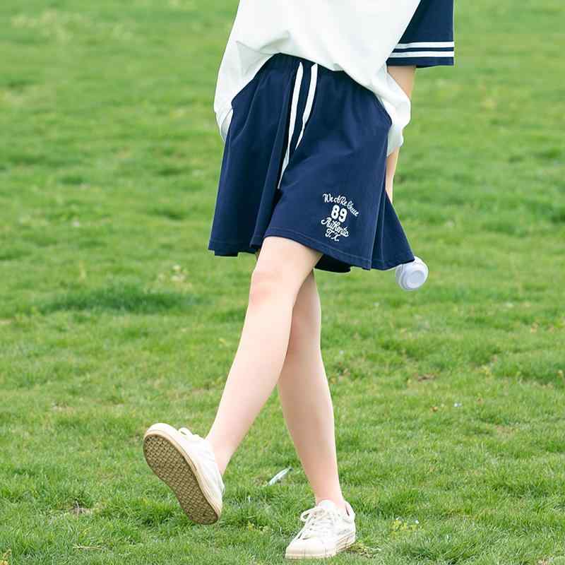 パンツ レディース ガールズ 春夏 ショートパンツ キュロット ワイドレッグ 紺色 コットン ゆったり かわいい 普段使い