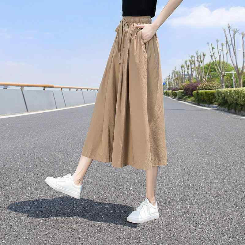 ワイドパンツ レディース 春夏 ハイウエスト Aライン スカーチョ ウエストリボン 着痩せ 七分丈パンツ ゆったり 薄手 カーキ 深青色 ブラック アーミーグリーン
