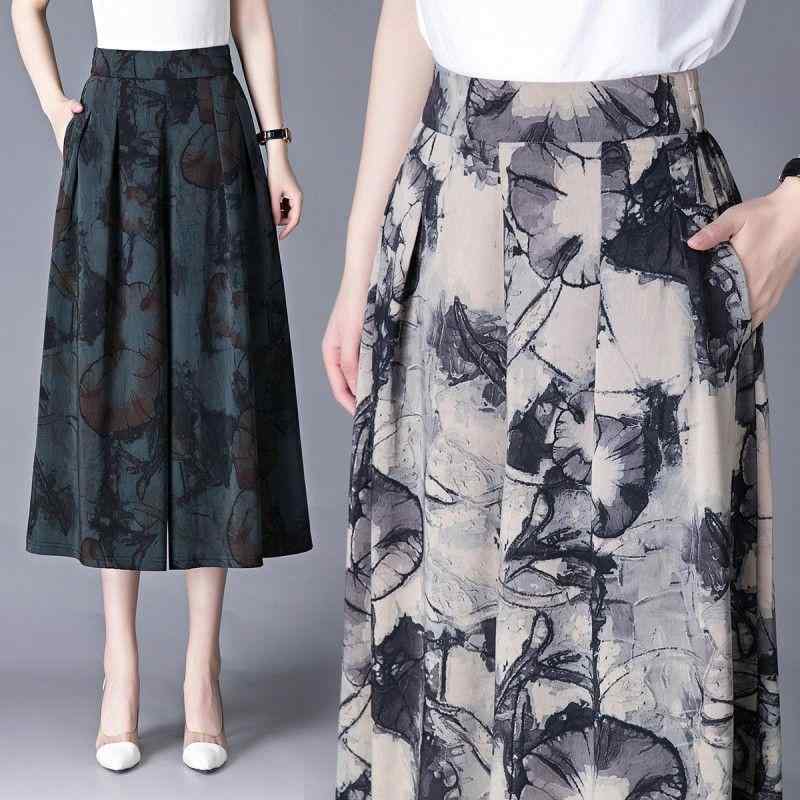 スカート レディース 婦人服 春夏 薄手 ワイドレッグパンツ スカンツ 高見え ウエストゴム 接触冷感 ゆったり 体型カバー 杏色 グリーン レッド