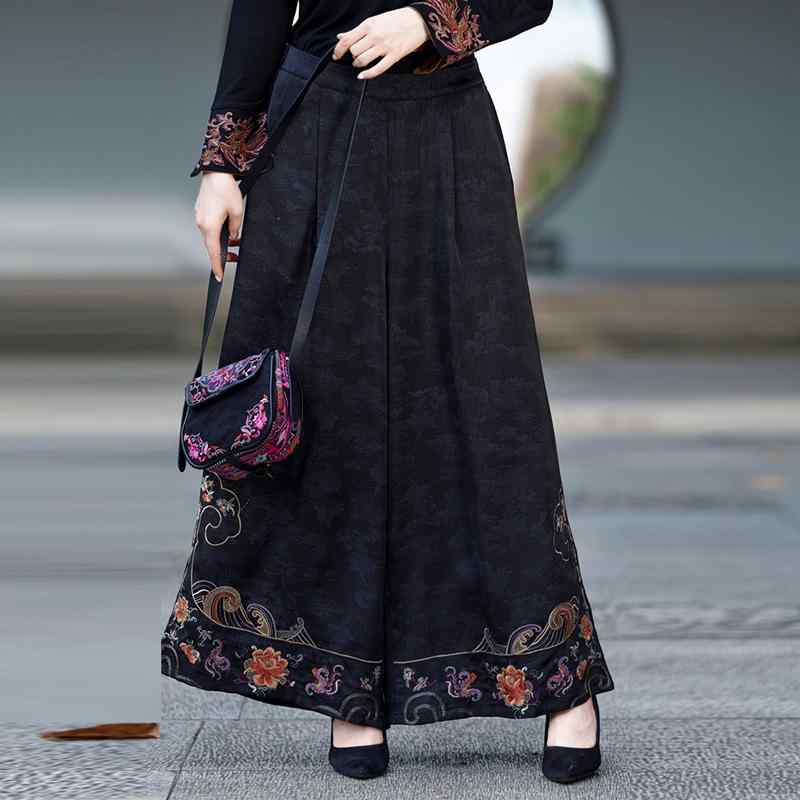 スカート レディース 春秋 民族風 刺繍 花柄 ゆったり ワイドレッグパンツ レトロ カジュアル ロング丈 スカンツ キュロット 高腰 天丝 テンセル 黒 ブラック