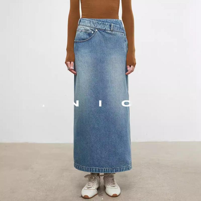 デニム スカート レディース アシンメトリー スリット ミディ丈 コットン ポケット付き 直筒スカート ..