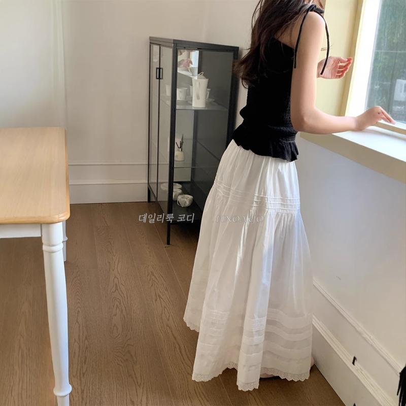 スカート レディース 韓国風 初恋 プリーツ フリル Aライン ロングスカート 白 ホワイト オーガニック..
