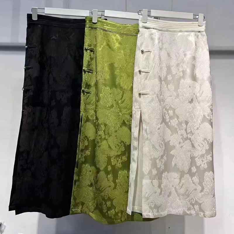 スカート レディース 国風提花 包臀スカート スリット入り ウエストゴム ミモレ丈 アセテート ポリエス..