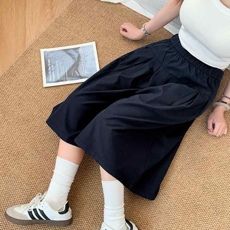 パンツ レディース ワイドパンツ 7分丈 ポリエステル 高見え おしゃれ 無地 プリーツ 薄手 ウエストゴム 普段使い S M L ホワイト ネイビー