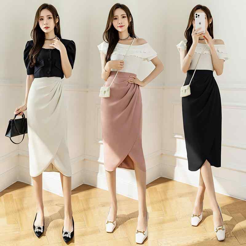 スカート レディース 韓国風 デザイン 高見え ハイウエスト スリット入り タイトスカート ミディ丈 不..