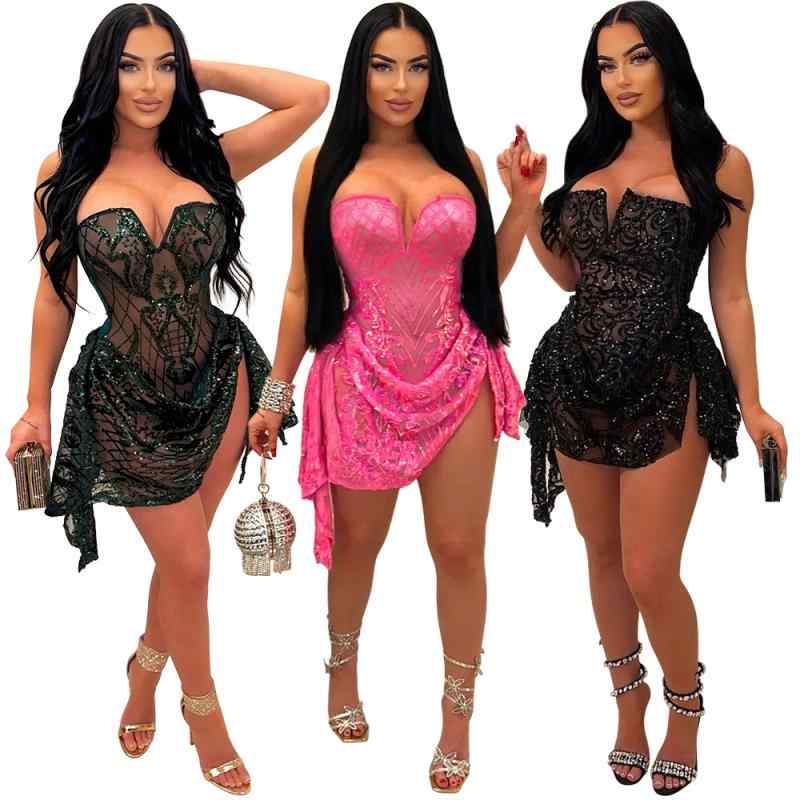 ワンピース 女性用 Vネック ストラップレス 透け感 セクシー 亮片 デザイン 切り替え イギリス風 短丈 不規則 スカート スタイル 緑 黒 赤 ポリエステル 素材 通勤 気質 セクシー 無袖 中腰 シングルピース ファッション トップス ドレス 夏