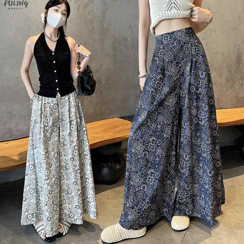 スカート レディース Aライン ワイドレッグパンツ コットン プリント柄 ミモレ丈 ガウチョパンツ 春夏 エレガント 通勤着