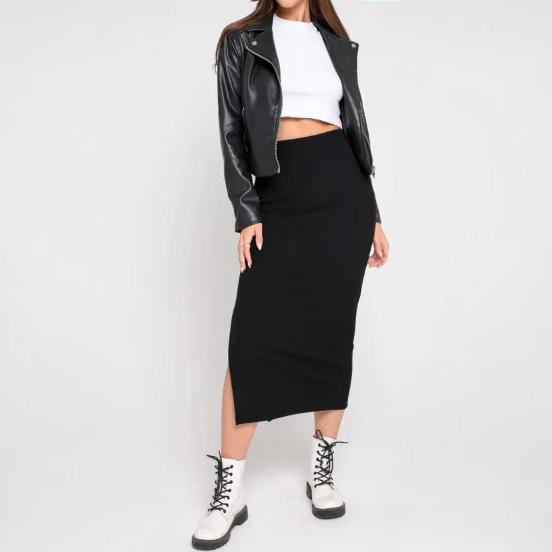 スカート レディース ミモレ丈 タイトスカート スリット入り ポリエステル 無地 ブラック グレー キャ..