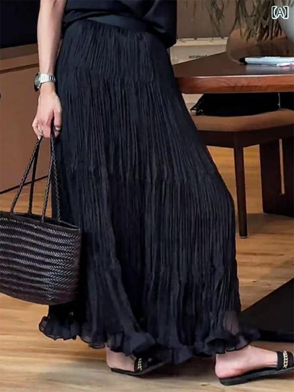 スカート レディース Aライン ケーキスカート ロング丈 ポリエステル チュールスカート フレアスカート ギャザースカート フェミニン ガーリー ブラック オフホワイト パステルブルー パステルイエロー ラベンダー