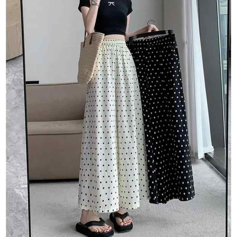 ワイドパンツ レディース 春夏 高見え 薄手 ポリエステル 波ドット柄 ハイウエスト 九分丈 ゆったり リラックス イージーパンツ 通勤 オフィス カジュアル ブラック ホワイト モノトーン