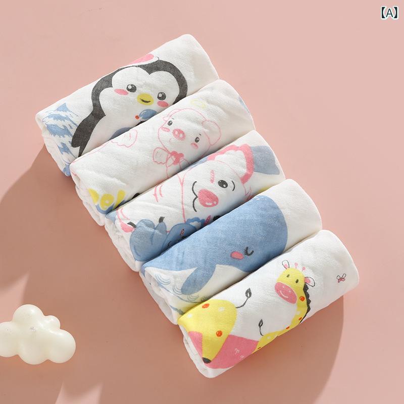 Face Towel - 口水巾 ベビー ガーゼ タオル 5枚セット かわいい カード 動物 プリント 洗顔 入浴 男の子 女の子 吸水 綿 柔らか 肌触り 30cm四方