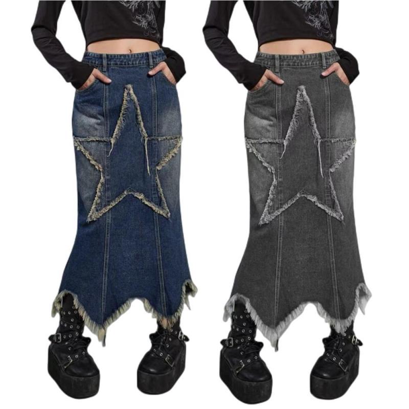 デニムスカート レディース ヴィンテージ風 五芒星 パッチワーク ミディ丈 Aライン 黒 ブラック 青 ブ..