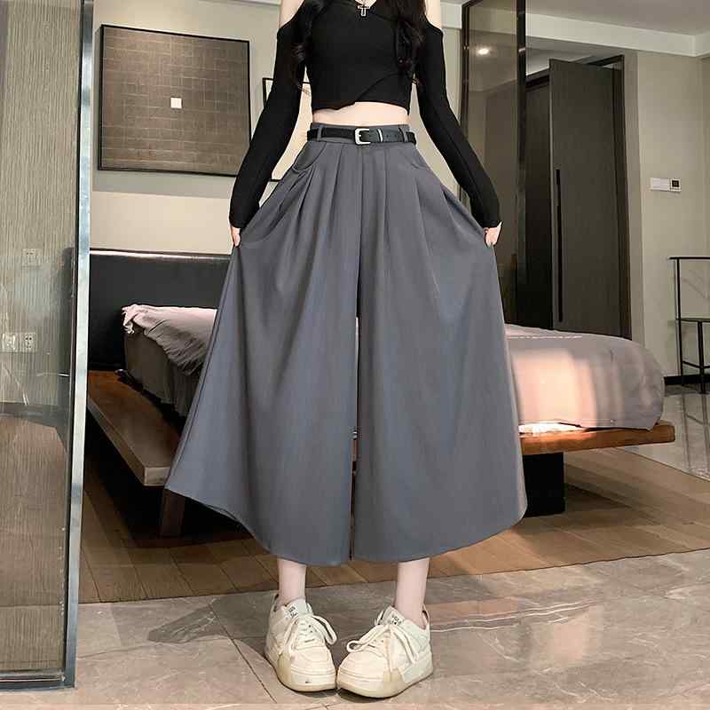 パンツ レディース 小柄 ポリエステル 染め柄 ワイドレッグパンツ クロップドパンツ スカート風パンツ グレー ブラック 通勤 きれいめ カジュアル