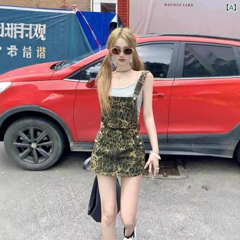 ワンピース レディース デニム 背当て 豹柄 ヒョウ柄 ミニワンピース ショート丈 ノースリーブ ゆったり かわいい カジュアル 春秋 ストリート