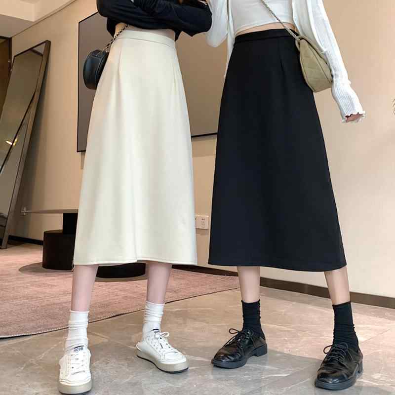 スカート レディース Aラインスカート ミモレ丈 ロングスカート ポリエステル 無地 ハイウエスト 着痩..