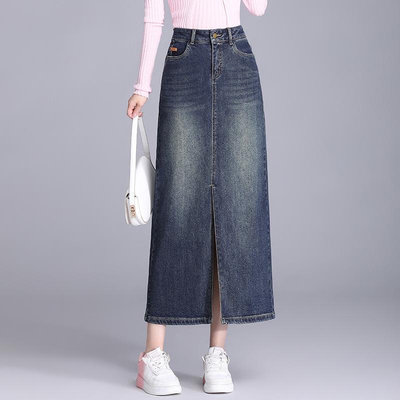 スカート レディース デニム ロング丈 春秋 韓国風 ハイウエスト 包臀 タイト Aライン 切り替え ブルー..