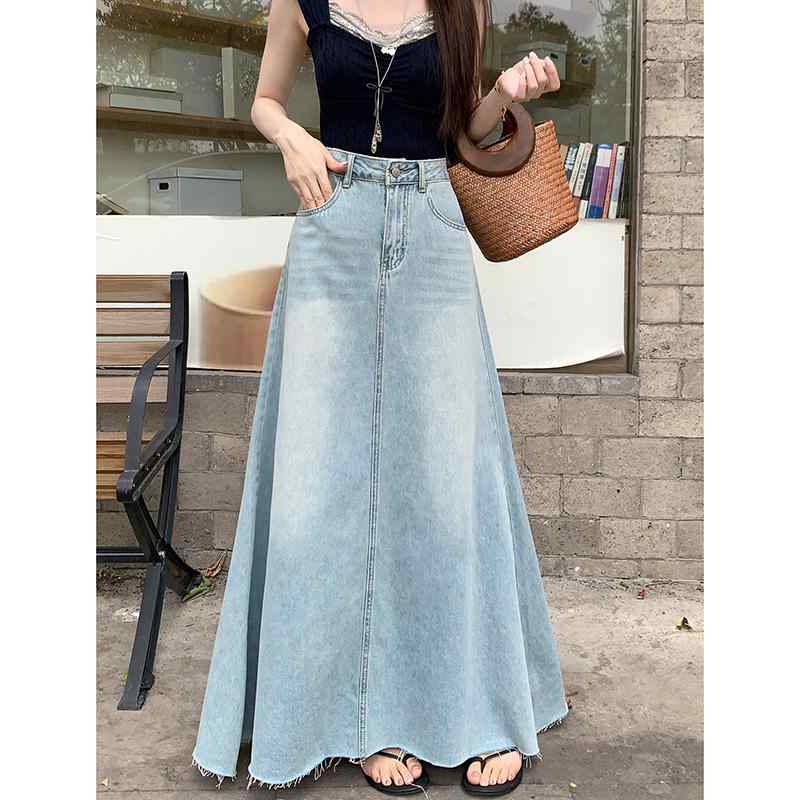 デニム スカート レディース 春夏 ロング丈 Aライン ハイウエスト 裾フリンジ カジュアル 普段使い お..
