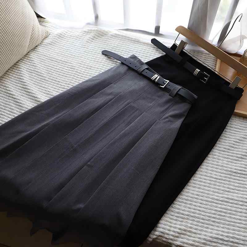 スカート レディース 韓国風 Aライン プリーツスカート ひざ丈 ウエストベルト付き ポリエステル 無地 ..