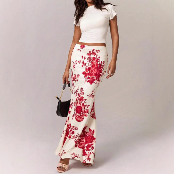 スカート レディース 上品 魚尾スカート 膝下丈 ポリエステル 花柄プリント 通勤 デイリーユース レッ..