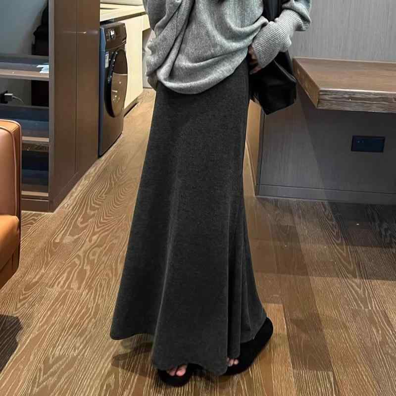 ニット スカート レディース 秋冬 高見え Aライン ロング丈 深グレー 黒 ポリエステル ゆったり 韓国ファッション 上品 きれいめ