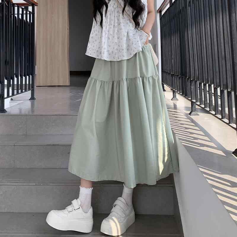 スカート レディース 春夏 ハイウエスト Aライン ミモレ丈 膝下丈 ケーキスカート 傘スカート ポリエス..