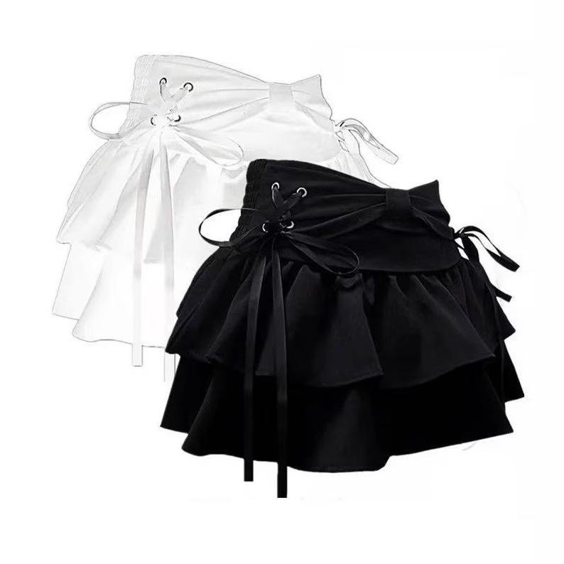 スカート レディース 韓国風 蝶結び 飾り付き Aライン ミニスカート ケーキスカート ポリエステル 白色..