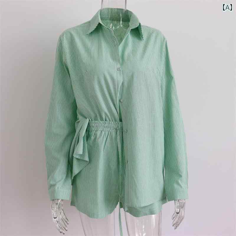 Work Clothes （Office） - レディース トップス 短パン セット ストライプ柄 長袖 シャツ 3分丈 ショーツ ポロエステル混紡 化学繊維 ピンク ブルー ライトグリーン ストリート ファッション 欧米スタイル 個性 印花 ニット加工 春夏 ビーチ スポーツ 休闲 街頭 潮人 セッ