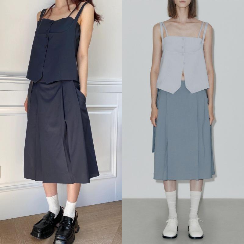 Other - パンツ レディース 春夏 韓国風 リラックス ワイドレッグパンツ 高見え ウール 混紡 七分丈 接触冷感 無地 ネイビー