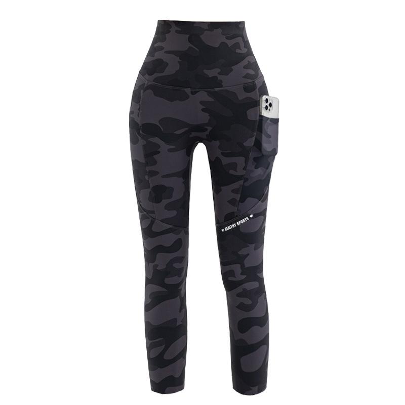 ヨガパンツ レディース 7分丈 迷彩柄 高 Elastic ハイウエスト 補正下着 レギンス スキニーパンツ ポケット付き ポリエステル スパンデックス ブラック グレー