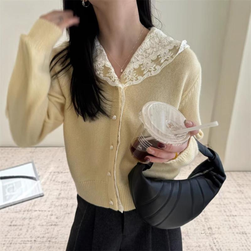 ニット レディース 配色 レース 襟付き カーディガン トップス 秋冬 聚酯纤维 ポリエステル ゆったり かわいい フェミニン 白 ホワイト グレー ベージュ イエロー ブルー
