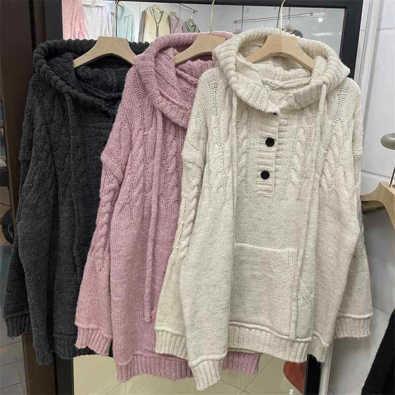ニット レディース 秋冬 フード付き ケーブル編み 長袖 厚手 ゆったり チュニック丈 プルオーバーニット セーター トップス カジュアル かわいい 韓国風 オフホワイト グレー ピンク