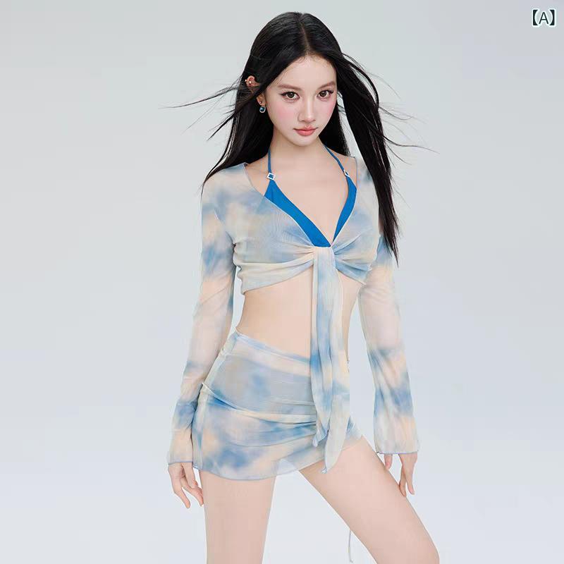 レディース 水着 分体式 三点セット 腹カバー スリム ガードル 小胸用 韓国風 温泉 プール ビーチ スイム セパレート トップス ボトムス ブラ 聚酯繊維 速乾 無袖 セクシー デザイン ブルー グリーン