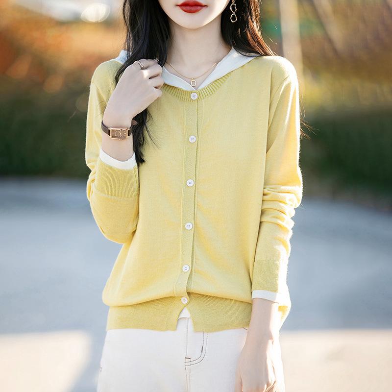 カーディガン レディース 春物 ウール混紡 ニット 配色 ゆったり トップス 長袖 丸首 フェイクレイヤード 通勤 ピンク系