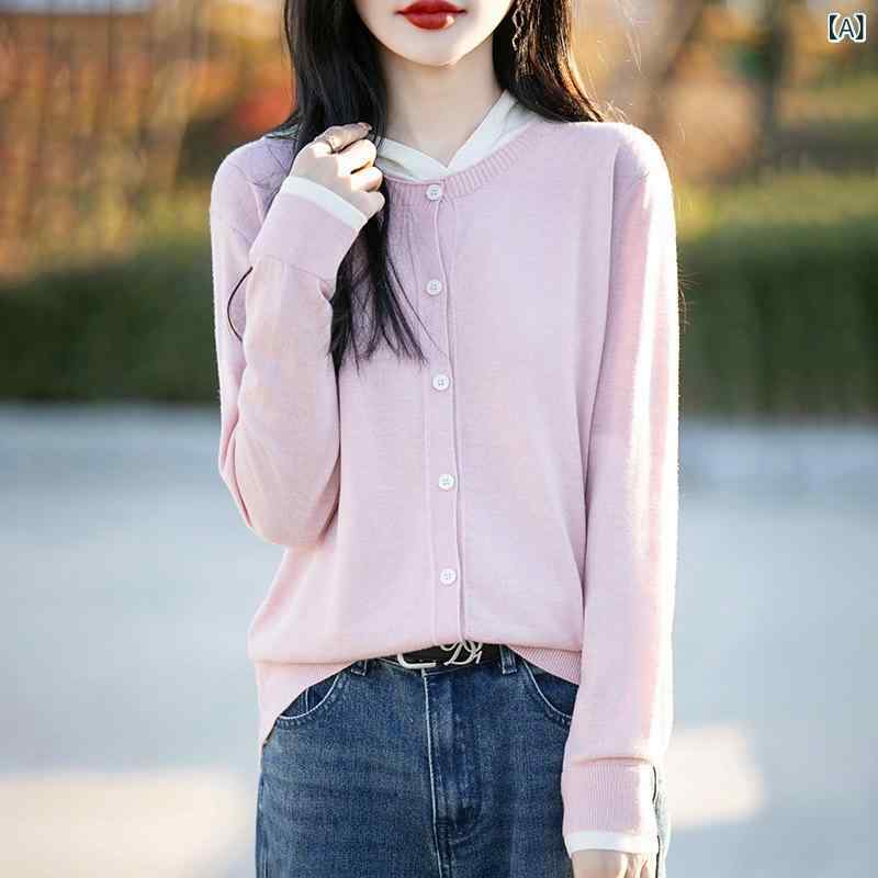 シャドーテールのカーディガン レディース 春物 ウール混紡 ニット 配色 ゆったり トップス 長袖 丸首 フェイクレイヤード 通勤 ピンク系｜アングル2