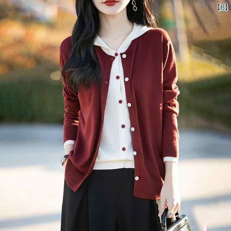 シャドーテールのカーディガン レディース 春物 ウール混紡 ニット 配色 ゆったり トップス 長袖 丸首 フェイクレイヤード 通勤 ピンク系｜アングル3