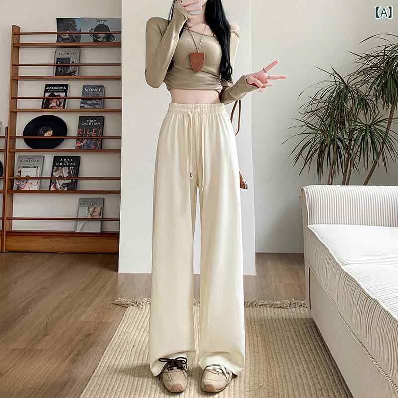 パンツ レディース 春夏 薄手 ワイドレッグパンツ ポリエステル 高見え カジュアルパンツ ドローストリング 長ズボン 白色 黒色 高身長スタイル 2