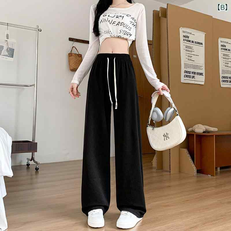 パンツ レディース 春夏 薄手 ワイドレッグパンツ ポリエステル 高見え カジュアルパンツ ドローストリング 長ズボン 白色 黒色 高身長スタイル 3