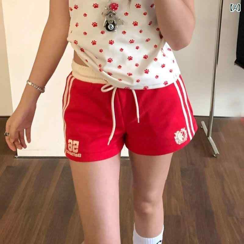 ショートパンツ レディース 美式レトロ風 英字プリント 赤色 スポーツ 短パン 夏 ...