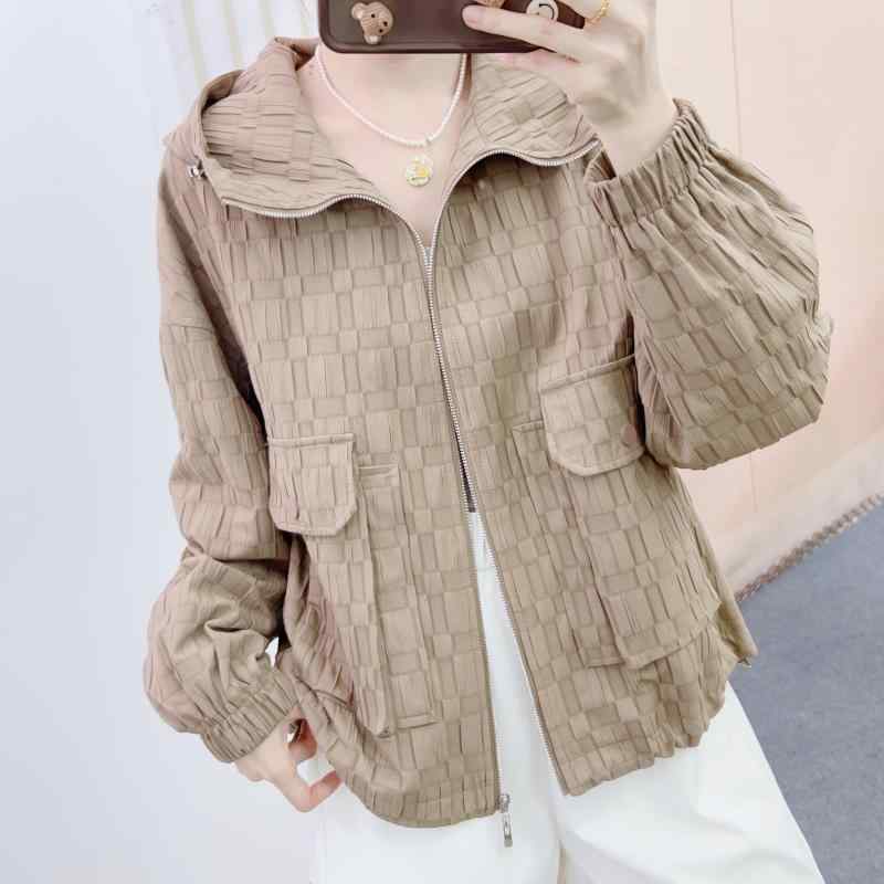 ジャケット レディース 韓国風 ジップアップ パーカー ポリエステル 無地 ショート丈 アウター トップス M L XL 普段使い 通勤着 咖色 カーキ