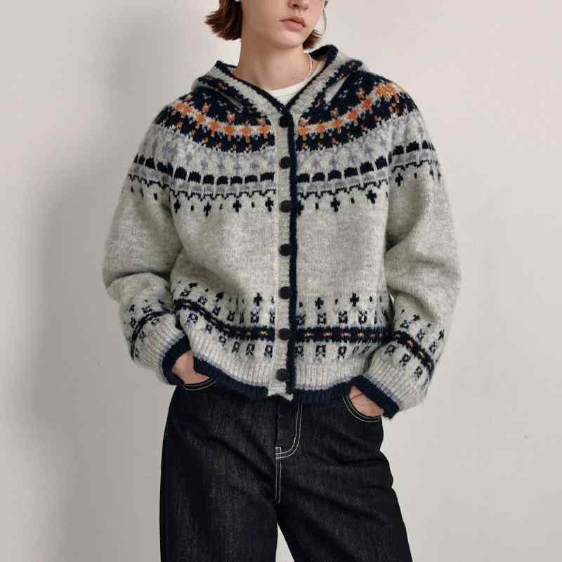 ニット レディース カーディガン フェアアイル柄 ジャカード 厚手 フード付き 花灰色 ゆったり 通勤