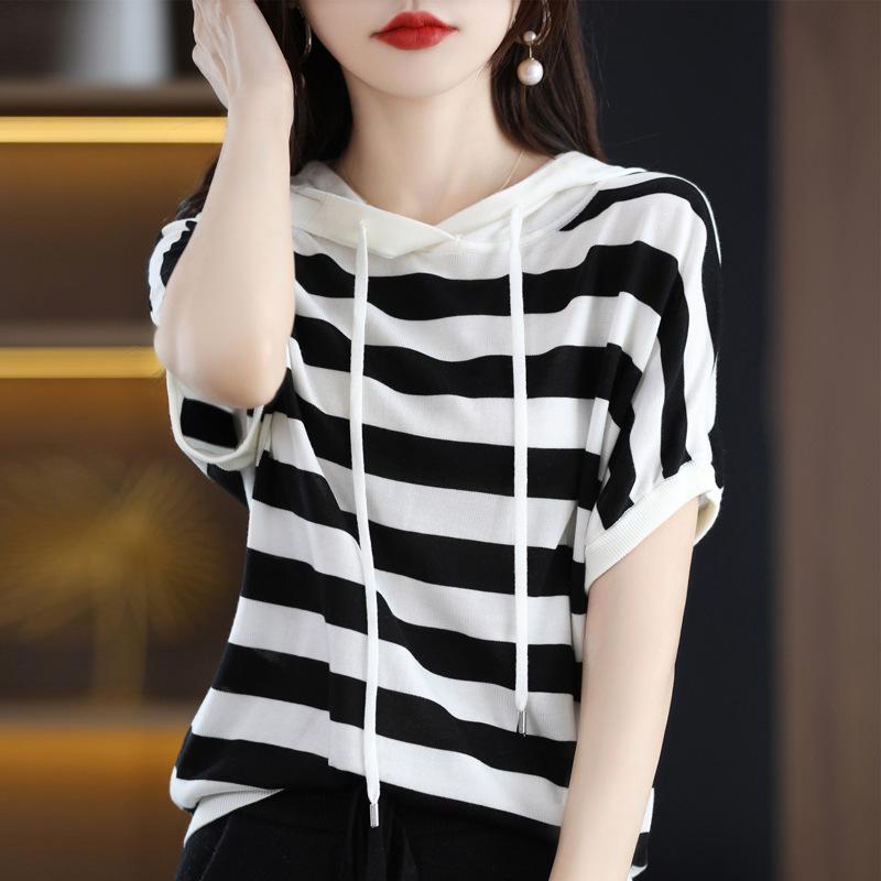 ニット レディース 春夏 薄手 ボーダー柄 半袖 パーカー トップス カットソー 接触冷感 涼しい 通勤 普段使い M L XL XXL グリーン