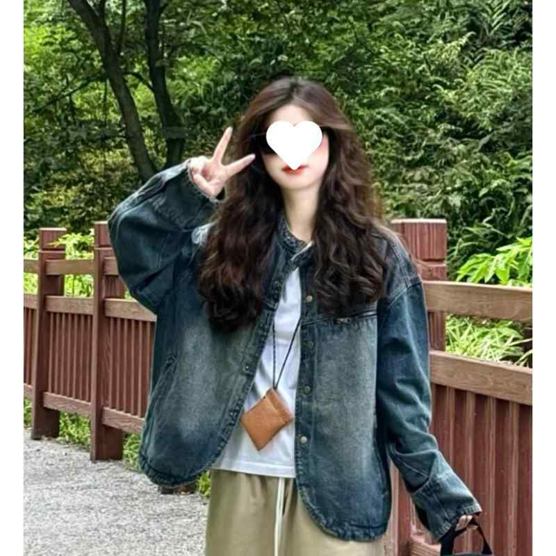 Other Jackets Jumpers - デニムジャケット レディース 春秋 立襟 ショート丈 Gジャン ブルゾン ウォッシュ加工 綿 ホワイト ゆったり アウター
