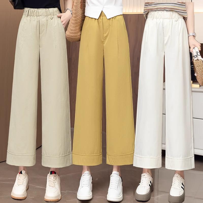 ワイドパンツ レディース 薄手 9分丈 紺色 ポリエステル 夏物 高身長 低身長 スタイルアップ