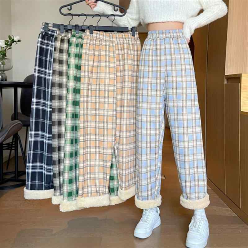 パンツ レディース 裏起毛 格子柄 ワイドレッグパンツ 厚手 ゆったり ストレート あったか 暖か 秋冬 防寒 中腰 伸縮性 ポリエステル ブラック系