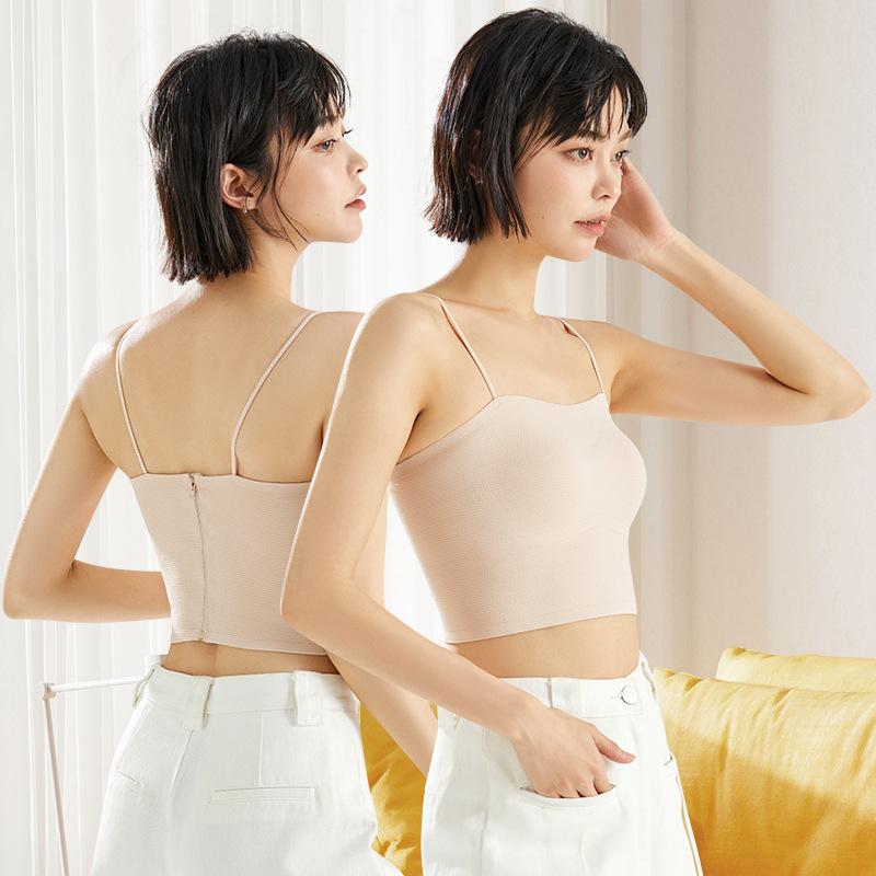 キャミソール レディース 春夏 チューブトップ ブラパッド付き ショート丈 トップス 無地 バックファス..