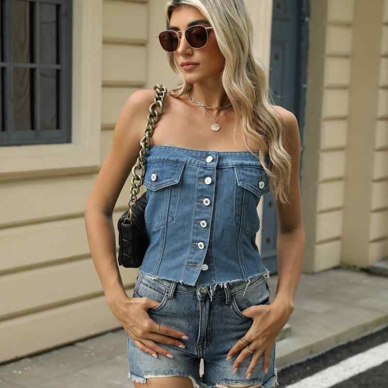 デニム レディース チューブトップ へそ出し ショート丈 トップス セクシー 露出 肩出し ダメージ加工 ..